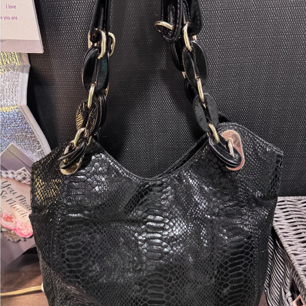 Michael Kors Shiny Black Sequinned Shoulder Bag with Gold Accents - Picture 3 of 10